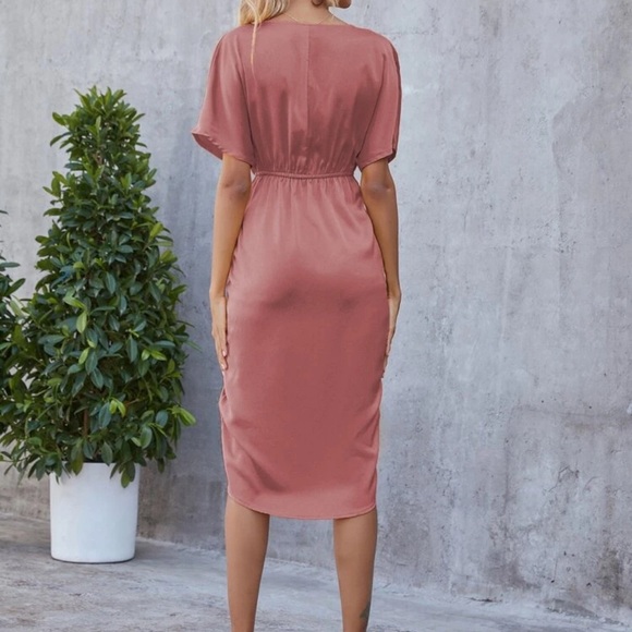 Blue Silky batwing surplice faux wrap midi dress - Picture 6 of 10